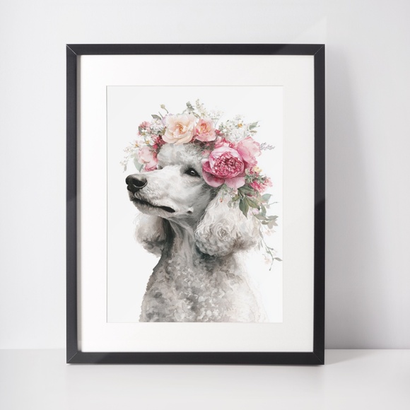 Watercolor Standard White Poodle with Flower Crown Wall Art Print, Unframed - Picture 3 of 7